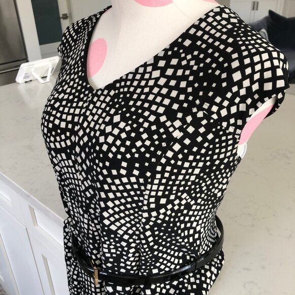 Anne Klein Cap Slv Fit & Flare Geometric Print Belted V Neck Dress Blk Wht Sz 12 - Picture 4 of 14